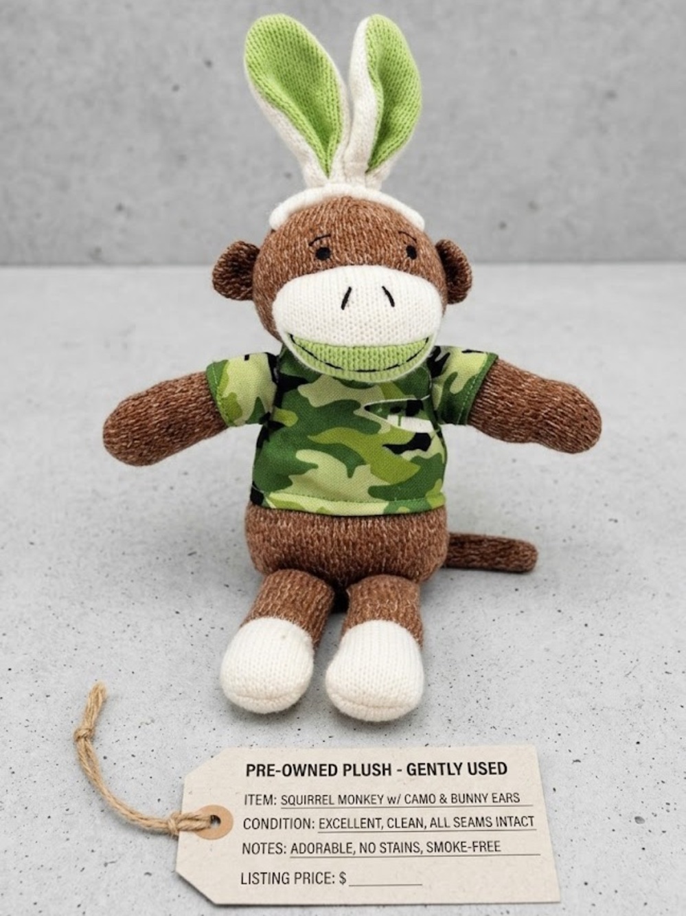 Dan Dee Camo Sock Monkey Rabbit Doll Brown 12" Ears Shark Green Shirt Easter